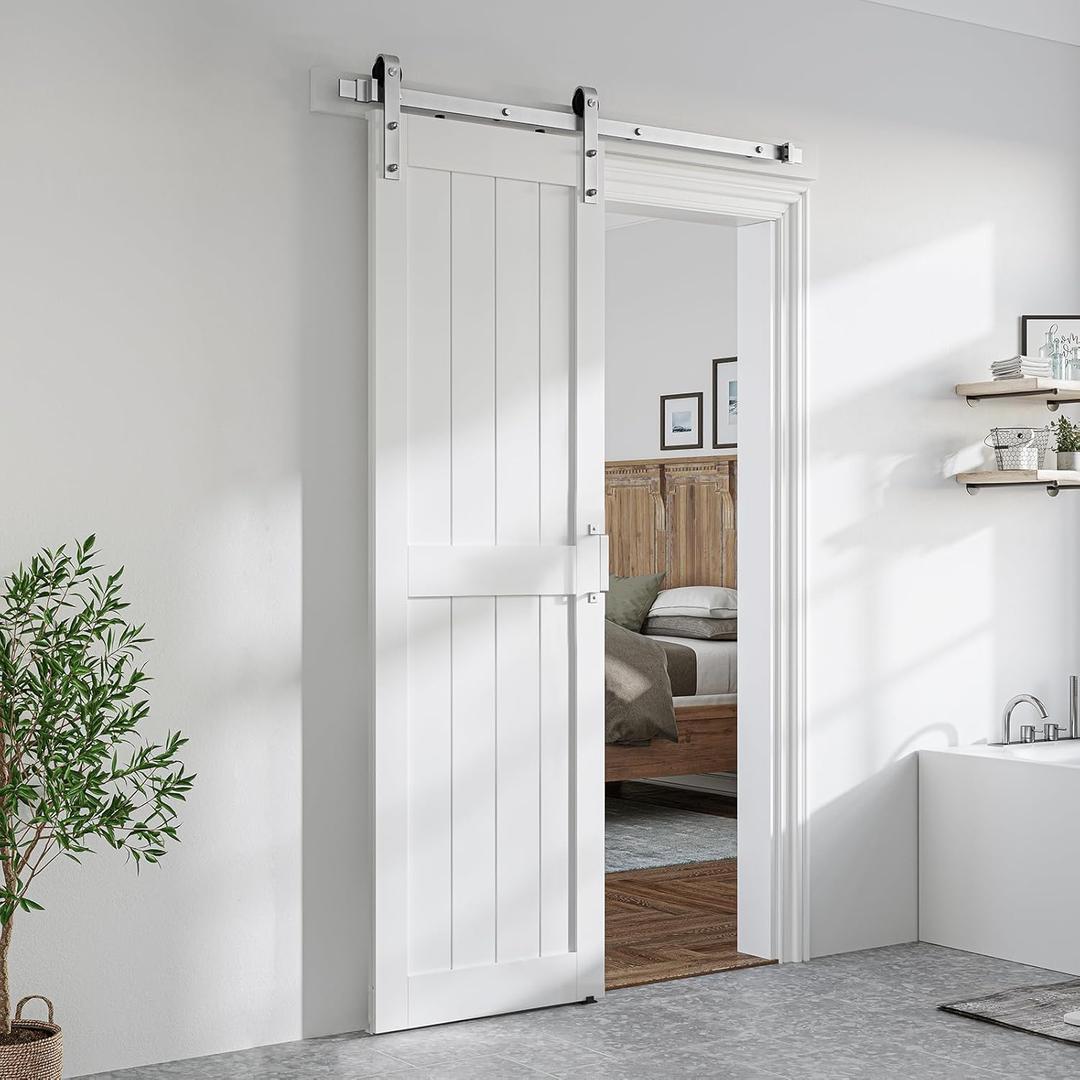 SmartStandard 24 x 84 inch White Sliding MDF Barn Door with 5FT Brushed Nickel Sliding Door Hardware Kit & Handle, Pre-Drilled Ready to Assemble, Waterproof PVC Coating, H-Frame