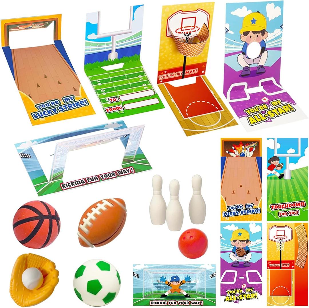 30 Pcs Valentines Cards for Kids with Sports Ball Erasers, 5 Design Valentine Sports Erasers with Valentines Cards, Kids Valentines Classroom Exchange Prizes Party Favor, Boys Valentines Gift