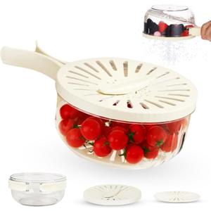 Multifunctional Fruit Washing Bowl with Strainer,Strainer Container with Lid,2 in 1 Drain Basket with Foldable Handle,Berry Fruit Fridge Container for Refrigerator,Kitchen Sink for Washing,Storage