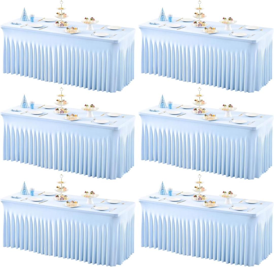 6 Packs Baby Blue Table Clothes for 6 Foot Rectangle Tables, One-Piece Wrinkle Resistant Stretch Spandex Table Covers with Skirt for Event Banquet Wedding Birthday Party