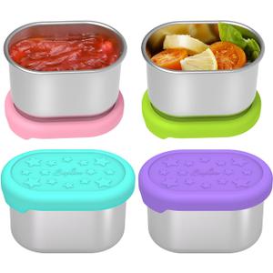SOPHICO Stainless Steel Salad Dressing Condiment Containers with Leakproof Silicone Lids, 3 oz Mini Sauce Container and Portion Bento Box of Kids Lunch to Go for Snack, Dessert (MIX, 4 PACK)