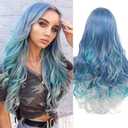 Mermaid Wig Ombre Blue Mixed Lilac Grey Wigs for Women Long Curly Wavy Middle Part Hair Colorful Wigs for Halloween Synthetic Wig(Blue and Grey)