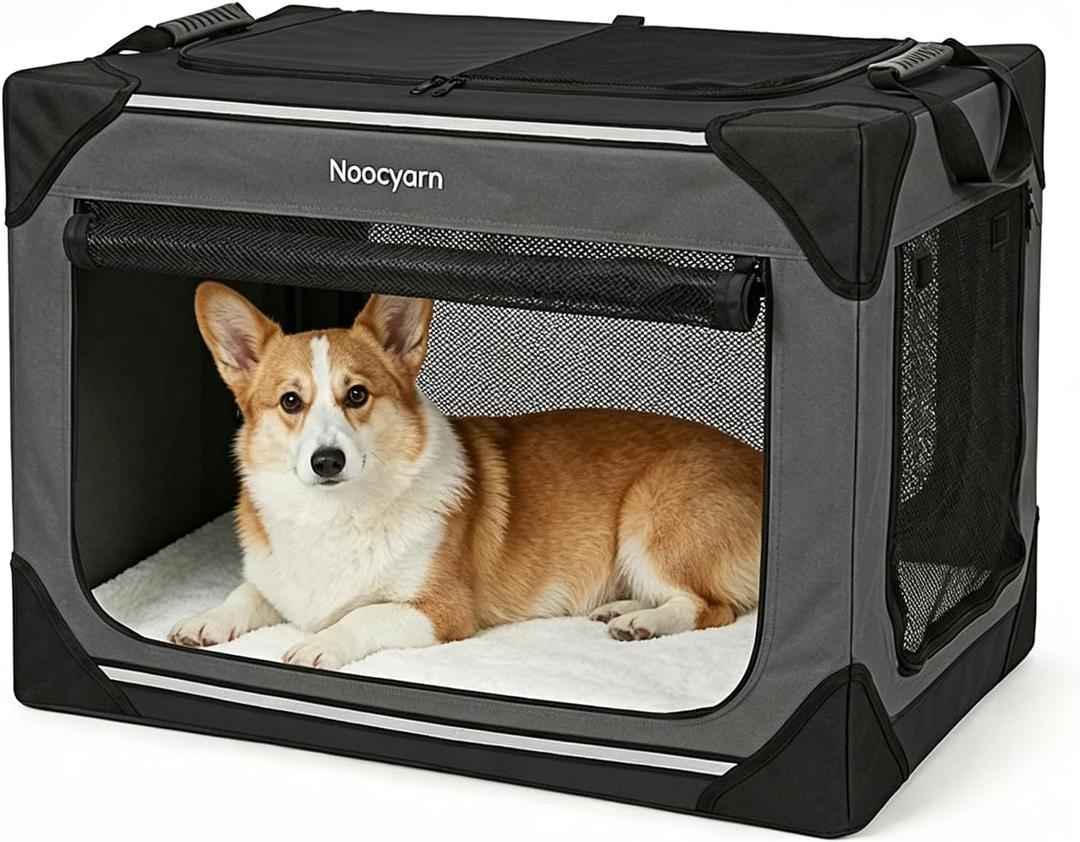 Collapsible Soft Dog Crate 30 Inch, Portable Travel Pet Crate for Medium Dogs with 4-Door Mesh, Medium Dog Kennel Carrier Indoor & Outdoor, Dark Grey