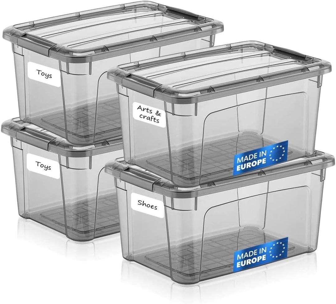 Tribello 6 Quart Storage Containers with Lids, Plastic Storage Bins with Latching Lids For Organizing - Tinted - (11.5 x 8 x 6) - Set of 4 - Made in EU