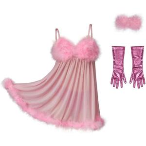 MyheroCos Fembot Cosplay Costume Pink Fembot Dress Women's Sexy Feather Lingerie Pink Negligees