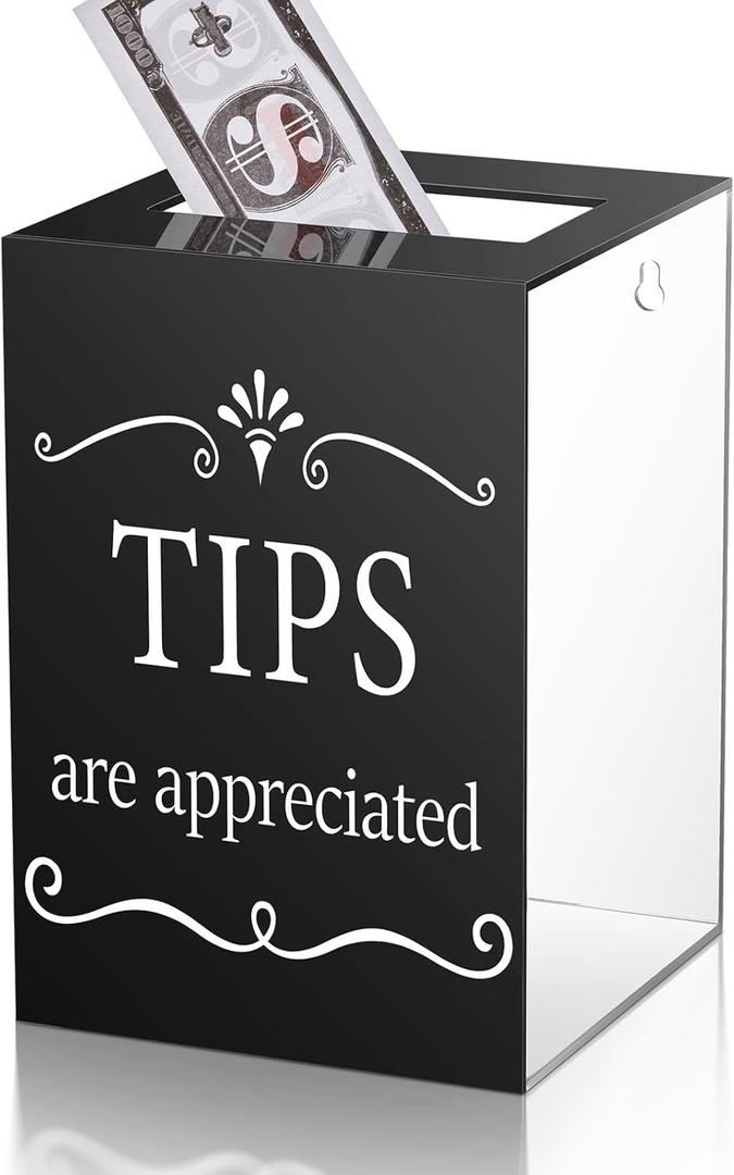 Vesici Acrylic Tips Jar for Restaurant 6 x 6 x 8.6 Inch Donation Suggestion Box Donation Tip Buckets Collection Money Storage Container Raffle Cash Box for Bartender Bars Musicians (Black)