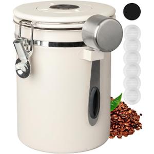 INFTYLE Coffee Canister with Airtight Lid, 22oz, 60 fl oz Cream, Stainless Steel Air Tight Lid Container with Date Tracker and Scoop Food Storage Jar for Grounds Coffee, Beans, Flour, Cereal