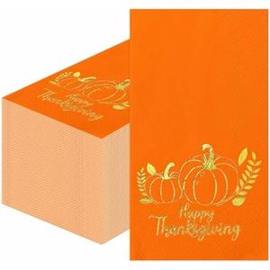 SietDESEO 25 Pieces 3-ply Thanksgiving Dinner Napkins 13 x 15.7 Inch Orange Guest Bathroom Napkins Disposable Hand Towels for Bathroom Kitchen Fall Party Decorations Gold Foil Pumpkin Napkin