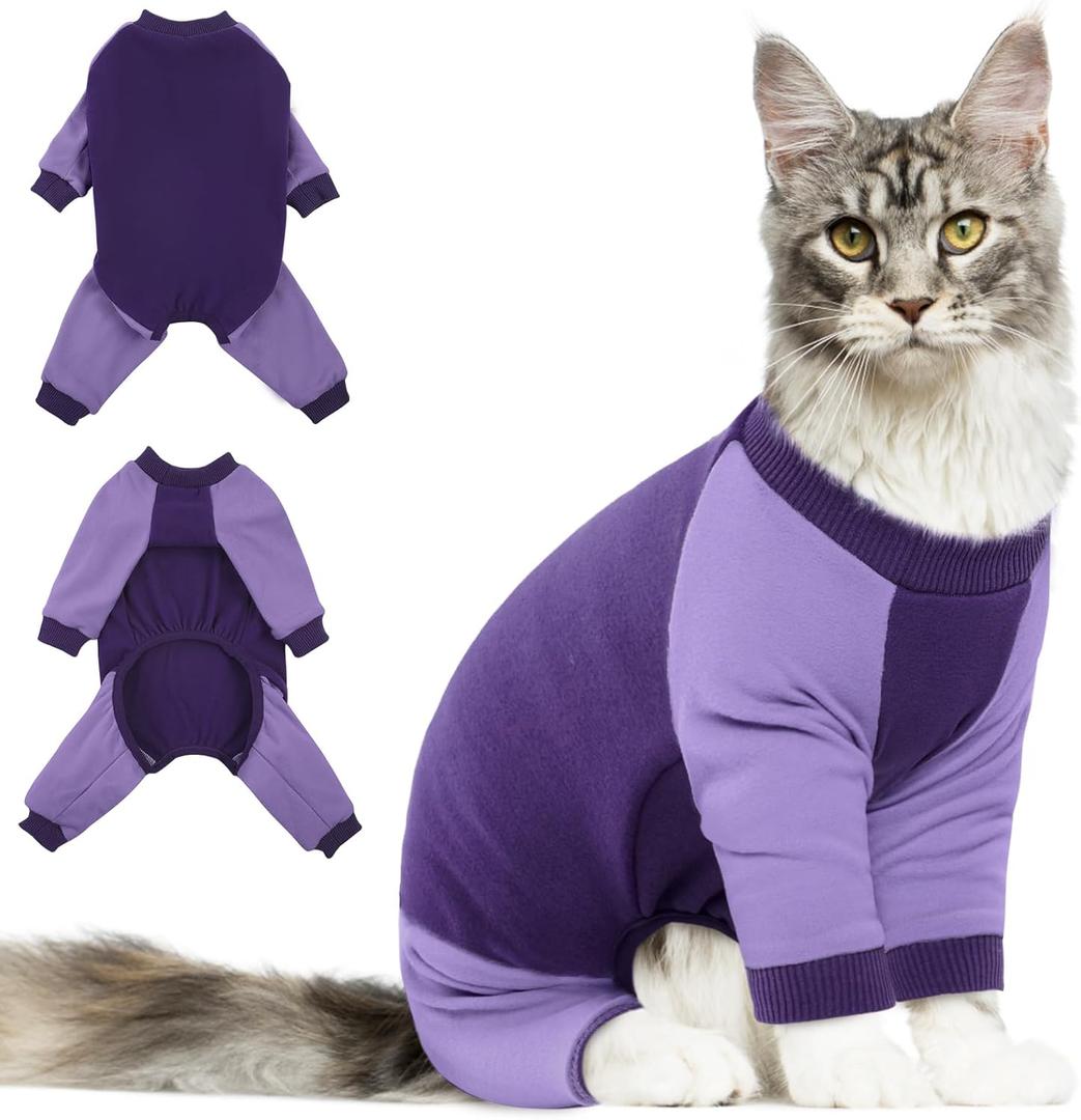 DENTRUN Cat Recovery Suit - Hair Sticky Onesie, Kitten Surgical Cone Alternative Shirts for Female Male Recovery After Surgery, Hair Spreading Prevent Clothes Pajama Apparel for Cats Only (Small, Purple)