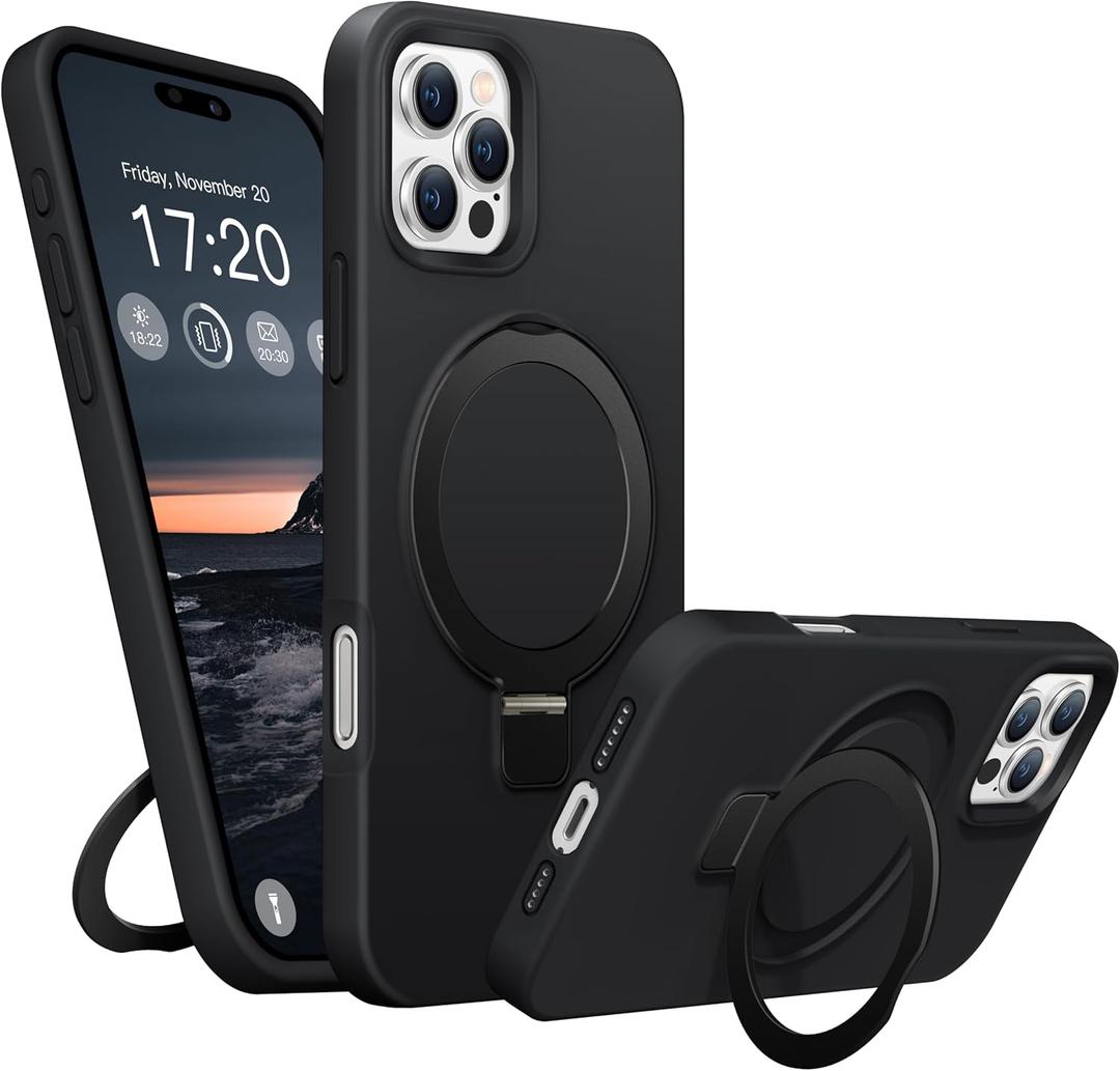 Liquid Silicone Case for iPhone 16 Pro Max with Magnetic Ring Stand, Military Grade Shockproof Protection, Anti-Scratch Microfiber Lining Covers for iPhone 16 Pro Max, Black