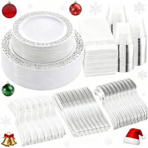 WELLIFE 350pcs Silver Party Dinnerware Set for 50 Guests, Silver Wedding Plates Disposable Heavy Duty, Including :50 Dinner Plates, 50 Dessert Plates, 50 Cups, 50 Napkins, 50 Sliver Silverware Set