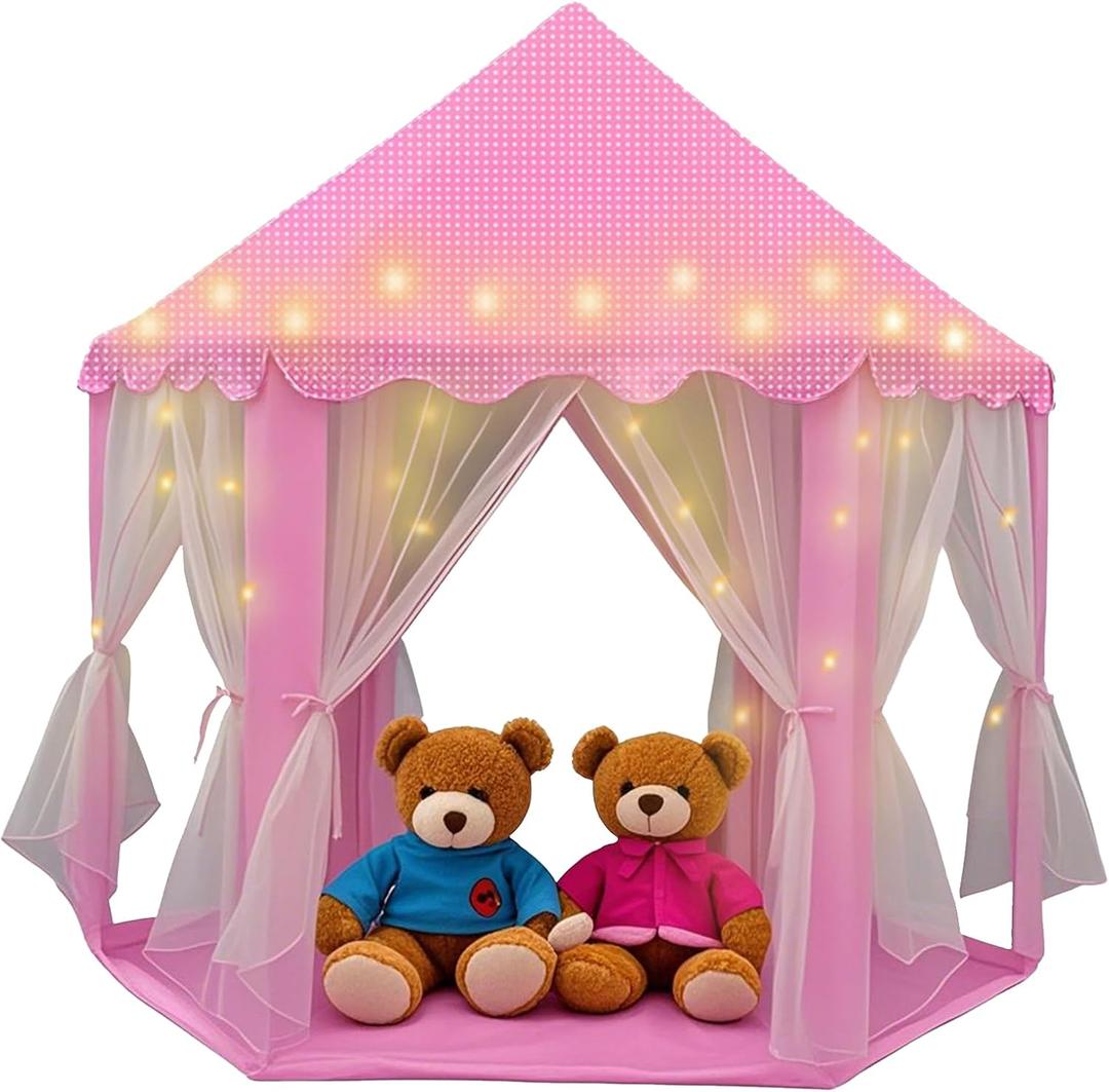 Princess Play Tent for Girls with 20-ft Star Light String  Large Pink Castle Playhouse Toy for Kids, Indoor & Outdoor, Perfect Birthday for Children, 55"53" (DH)
