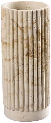Cylinder Vase 8 Inch - Natural Travertine Textured Ribbed Resin Vase for Pampas Grass, Flowers, Home Decor | Decorative Centerpiece for Entryway, Countertop, Nightstand | Housewarming Gift (Beige)
