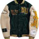 GORGLITTER Men's Letter Graphic Varsity Jacket Long Sleeve Striped Trim Button Bomber Jackets (L)