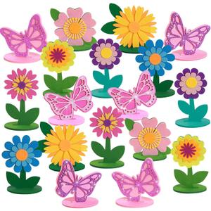 SUNBEAUTY 18PCS Flower Felt Centerpieces for Tables Flower Butterfly Birthday Party Decorations for Spring Table Decoration Home Office Girl Birthday Mother's Day Decorations