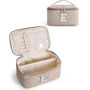 Wandering Nature Puffer Initial Makeup Bag, Personalized Travel Make Up Organizer Cosmetic Bags with Brush Holder and Divider, Gift with Chenille Letter for Moms, Wives, Girlfriend, Besties (E, Beige)