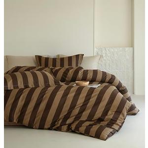 Solycoil Comforter Set Queen Size - 100% Natural Cotton Brown and Begie Striped Comforter 3pcs, Hypoallergenic Soft Bedding Set