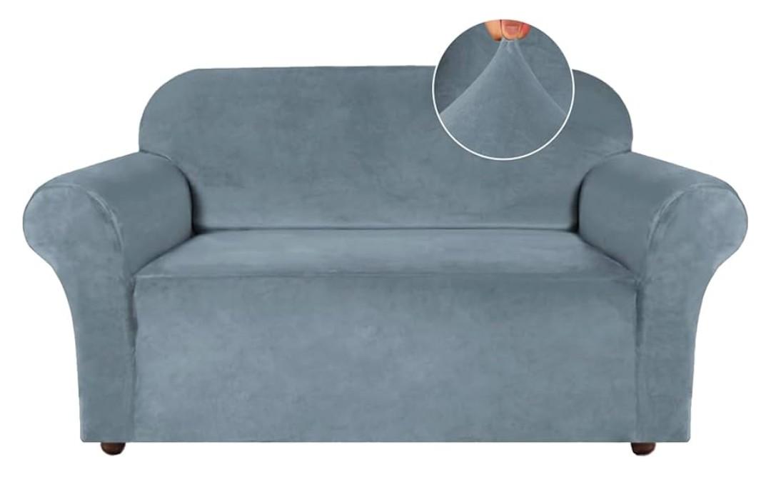 Turquoize Velvet Loveseat Covers Stretch Love Seat Couch Covers for 2 Cushion Couch Velvet Sofa Cover with Non Slip Elastic Bottom Furniture Cover Crafted from Soft Fabric(Loveseat, Stone Blue)