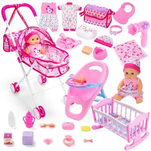 Baby Doll Stroller Play Set with 12.5" Baby Dolls, 28 Pcs Pretend Role Play Doll Accessories Including Crib, Dining Chair, Doll Clothes, Sunglass, Handbag for Girls Toddlers 3-5 4-6 5-7, 21.65 X 11.02 X 7.87 Inches