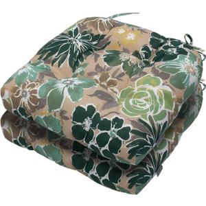 Magpie Fabrics 19"x19" Tufted Seat Cushion 2 Pack, U-Shaped Patio Cushions with Ties, Outdoor/Indoor Chair Pads Waterproof for Dining Garden Balcony Office - Green Floral