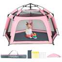 Baby Playpen Pop-up Tent - Outdoor & Indoor Play Tent for Beach with Canopy Travel Bag Portable Play Yard for Babies & Toddlers (Pink) (68.9 x 43.3 x 35.4 in)
