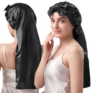 YFONG Double-Layered 100% Pure Mulberry Silk Bonnet for Long Hair, 22 Momme Silk Hair Bonnet for Sleeping with Elastic Tie Band, Real Silk Sleep Cap for Women Long Curly Hair, Black