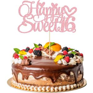 1Pc Happy Sweet 16 Cake Topper Glitter 16th Birthday Cake Pick Decorations for Cheers to 16 Years Old 16th Birthday Party Cake Decorations Supplies Pink
