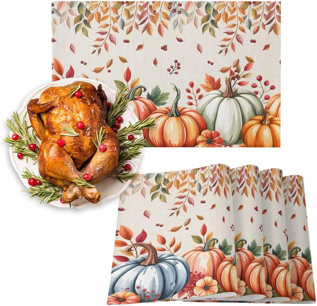 Fall Pumpkins Placemats Set of 4 Thanksgiving Orange Blue Green Leaves Linen Texture Washable Place Mats Non-Slip Heat Insulation Cotton Blend Table Mats for Kitchen Dining Party Decoration, 13"x19" (Sandy Brown Pumpkin)