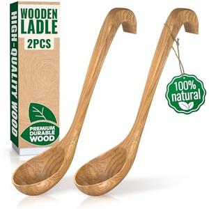 2 Pcs Wooden Ladle for Soup – 10.8×2.8" Bamboo Ladle for Soup & Sauces with Deep 2.7 fl oz Capacity & Lacquer-Coated Finish – Heat-Proof Wooden Cooking Spoons with Hook Handles for Kitchen & Catering