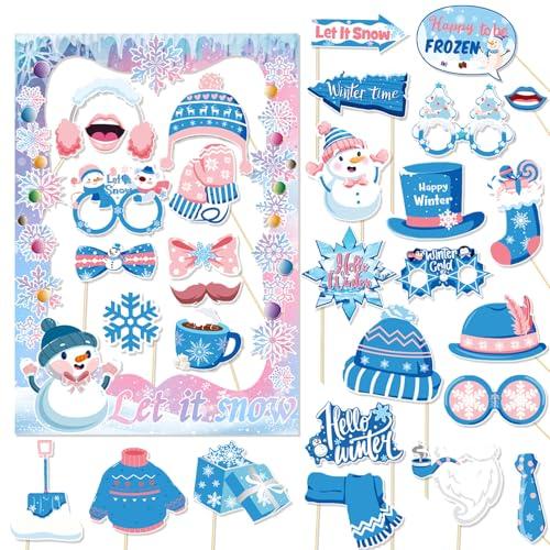Qpout Winter Photo Booth Props With Frame, Blue Pink Snowflake Frozen Party Decorations for Holiday Selfie Pictures, Wonderland Party Favors Supplies