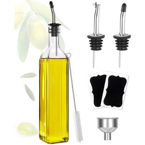 Olive Oil Dispenser, 17oz/500ml Square Tall Glass Container With 2 Stainless Steel Pourers, 2 Labels, 1 Brush and 1 Funnel for Kitchen