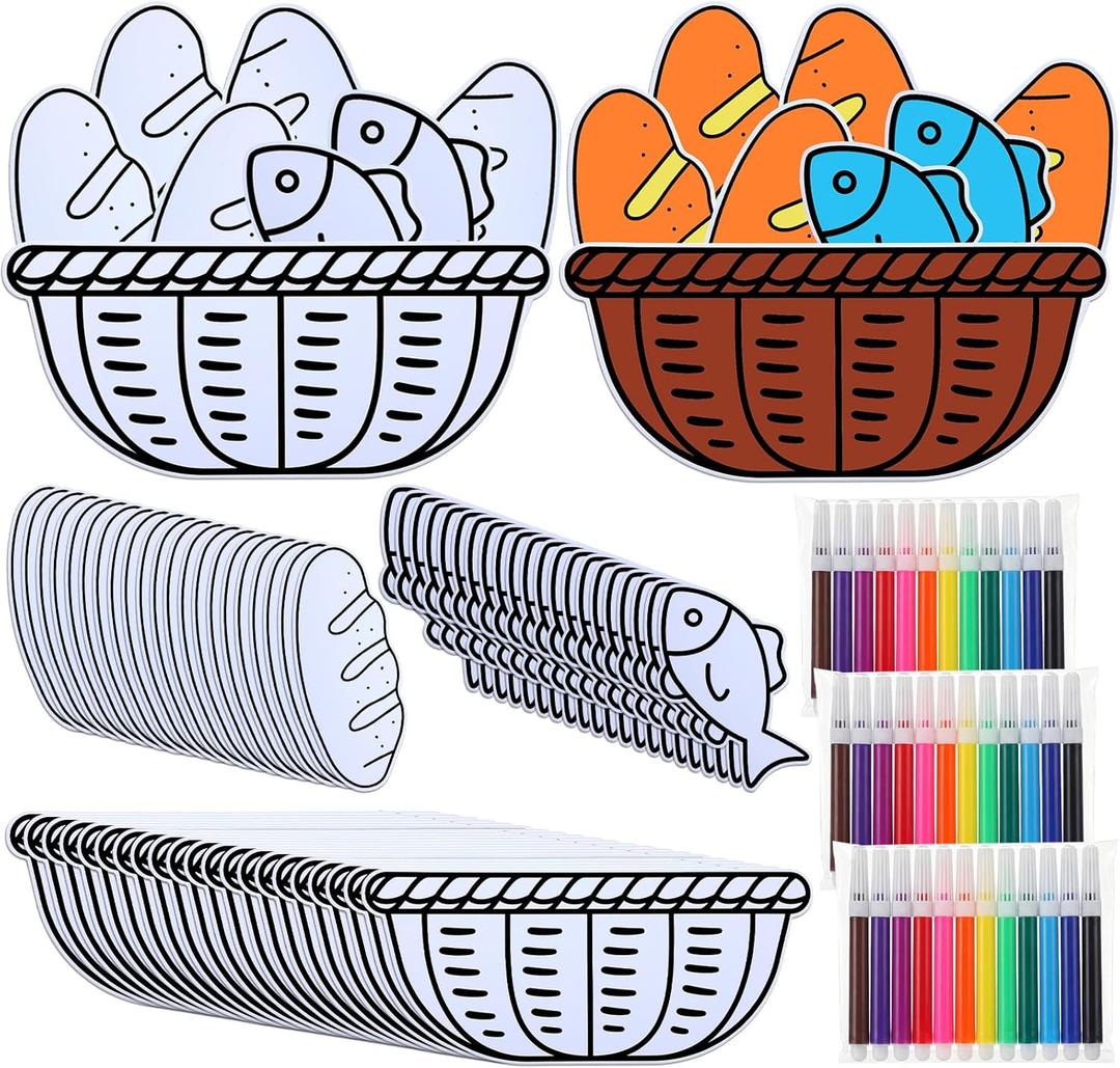 Sotiff 36 Set Fish and Loaves Craft for Sunday School Activities DIY Bible Story Coloring Craft Reinforcing Jesus Feeding 5000 Story Teaching Supplies for Religious Party Church Event VBS Holiday Gift