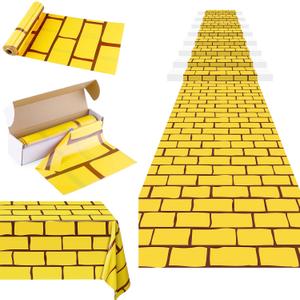 100 Ft x 54 Inch Yellow Brick Road Tablecloth Roll with Cutter Box Disposable Large Stone Brick Floor Runner Wall Backdrops Tablecover for Halloween Medieval Princess Wizard Party Decorations