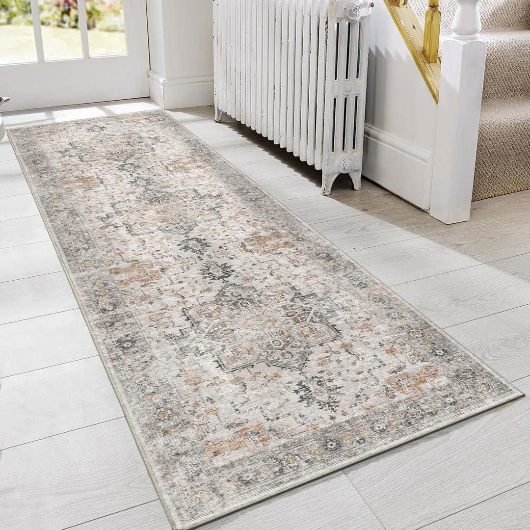 GENIMO Runner Rug 2x5 Non Slip Machine Washable Vintage Hallway Runner Rug, Low Pile Lightweight Rugs for Entryway, Hallway, Kitchen and Corridor, Light Taupe Brown