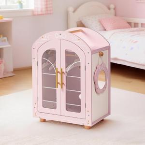 ROBOTIME 18 Inch Doll Closet, Wooden Doll Wardrobe with Mirror & Hangers