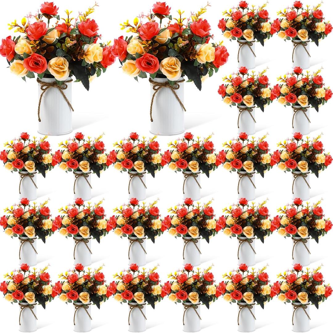 Domensi 24 Sets Wedding Table Centerpiece Artificial Flowers with Vase 48 Pcs Fake Bouquets 24 Pcs Metal Vases Floral Arrangements for Holiday Party Event Table Decor(Orange)