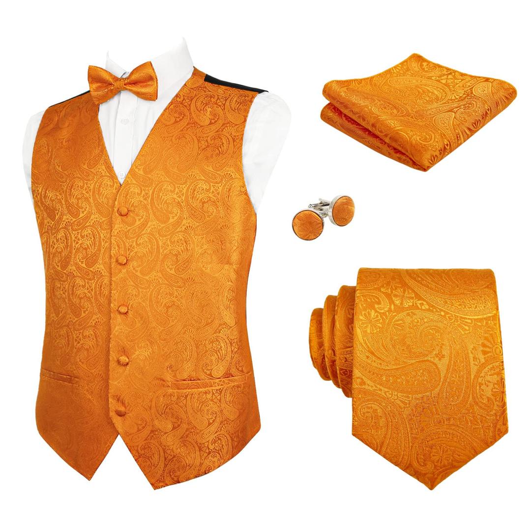 Alizeal Mens 5pcs Paisley Suit Vest Classic Jacquard Button-Down Waistcoat Set, Orange-L