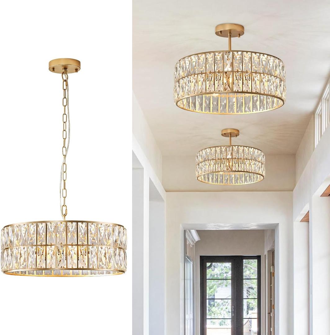 Modern Crystal Chandelier for Dining Room Gold Semi Flush Mount Ceiling Light Fixtures 18 Large Round Crystal Pendant Lighting for Foyer Bedroom Living Room