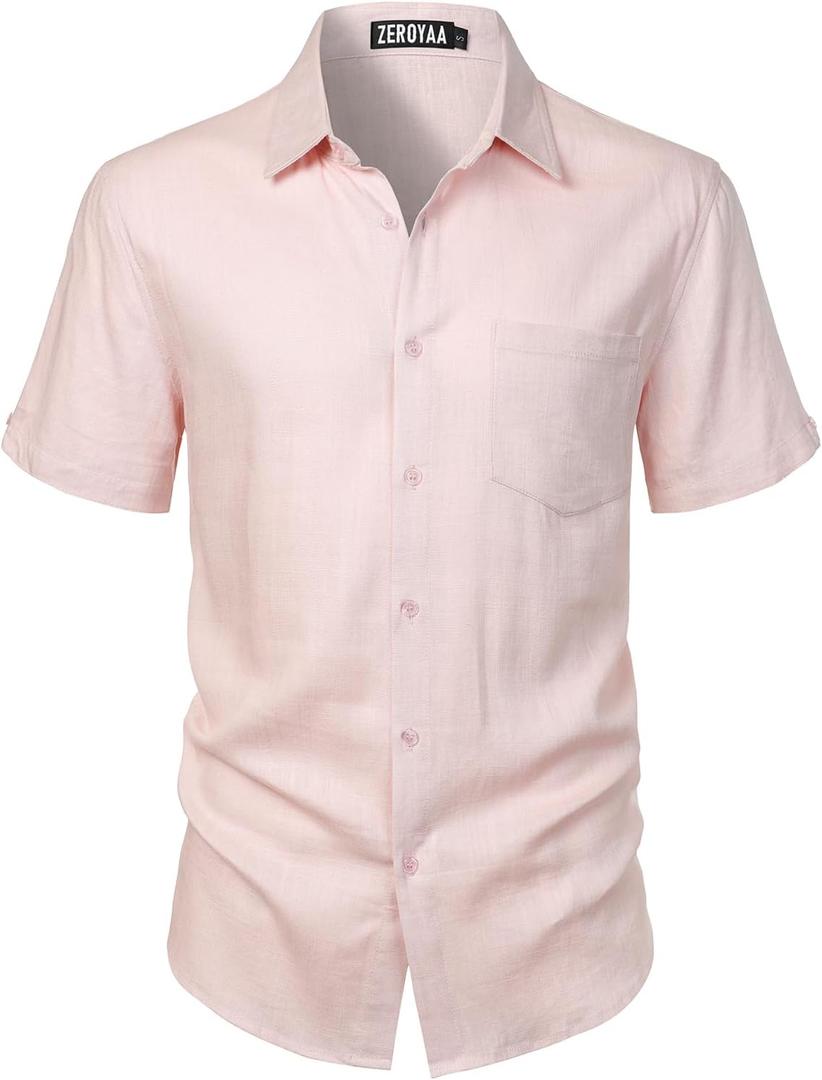 ZEROYAA Men's Linen Shirts Short Sleeve Summer Casual Button Down Beach Shirt with Pocket (Pink, M)