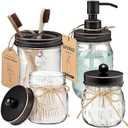 Amolliar Mason Jar Bathroom Accessories Set 4 Pack - Foaming Soap Dispenser&2 Qtip Holders&Toothbrush Holder-Rustic Farmhouse Decor Bathroom Organizer Apothecary Jar Country Countertop (Bronze)