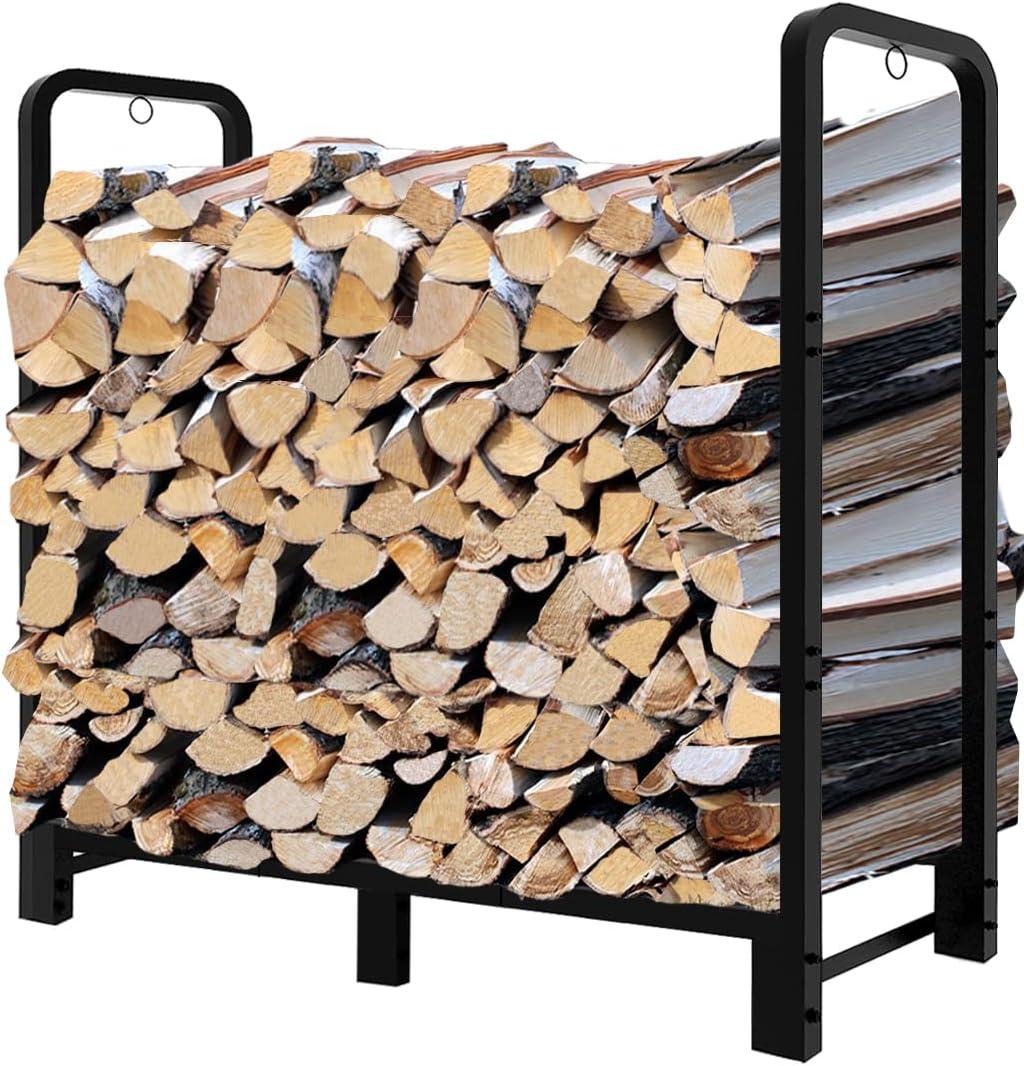 Fandature 4Ft Firewood Rack Adjustable Fireplace Wood Holder for Outdoor Indoor Storage Log  Heavy Duty Fire Log Lumber Stand Stacker, Black