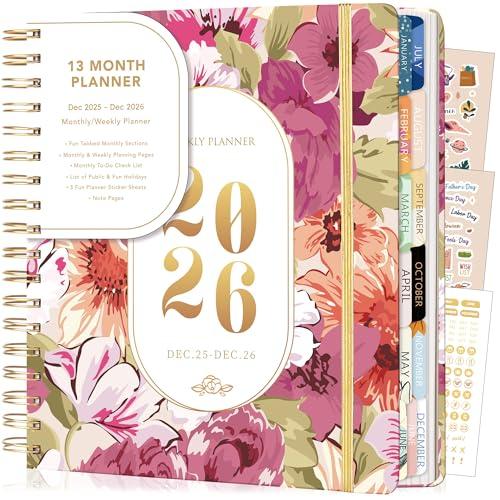 CAGIE 2026 Planner Weekly and Monthly Dec 2025-Dec 2026 Hardcover Calendar Planners with Stickers& Month Tabs for Women Spiral Bound 26 Yearly Agenda, 8.3"x9.1", Pink Floral