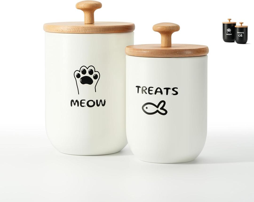 Cat Treat Container with Airtight Lid, Cat Food Oganizer Dry Food, Cat Food Storage Containers, Pet Treats Canister, Cat Treat Jar Set of 2-8.3x4.9 & 7.1x4.3 (White)