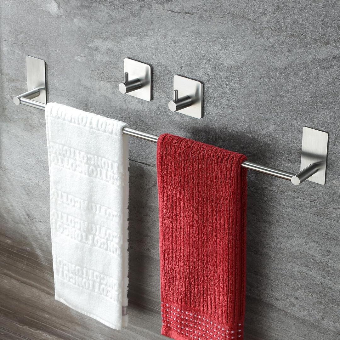 Taozun Towel Bar - 24 Inch Towel Holder with 2 Packs Adhesive Hooks, Hand Towel Rack Stick on Wall, Stainless Steel Bathroom Hardware Accessory Kit (Silver)