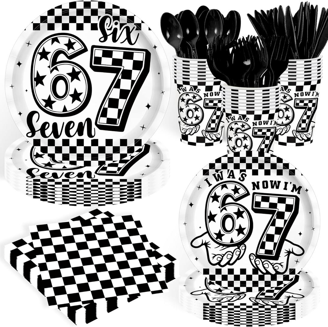 140PCS 6 7 Birthday Decorations,White and Black Checkered I Was 6 Now I'm 7 Seven Birthday Theme Party Tableware Set Plates Napkins Cups Tableware,Six Seven Birthday Party Decorations Serves 20 Guests