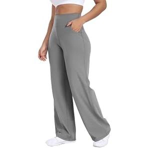 ESOFT Wide Leg Pants Women High-Waisted Yoga Work Dress Pants with Pockets, Casual Sweatpants, Petite/ Regular Light Grey XL