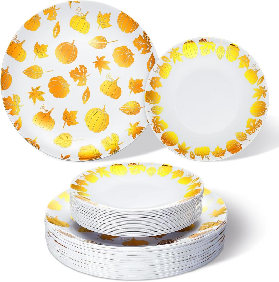 Suclain 60 Pcs Thanksgiving Party Disposable Plastic Plates Gold Fall Bridal Baby Shower Party Decoration Serves as 30 10.25'' Dinner Plates 7.5'' Dessert Plate for Thanksgiving Wedding Engagement