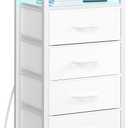 Yoobure Night Stand - LED White Nightstand with Charging Station, Bedside Table with 4 Storage Drawers and Storage Shelf, End Table with USB Ports and Outlets, Tall Dresser for Bedroom