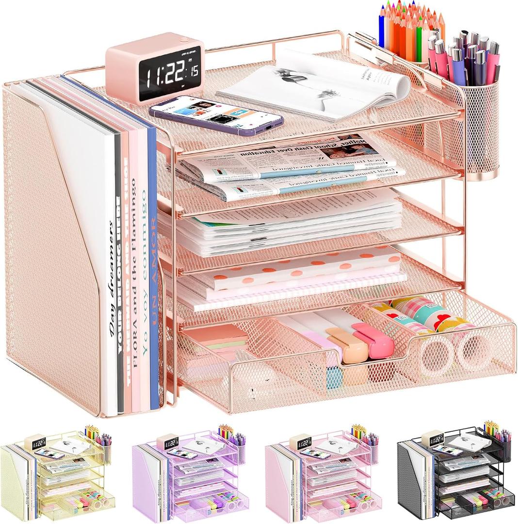 Desk Organizers and Accessories with File Holder, 5-Tier Office Desk Accessories & Workspace Desktop Organizer with Drawer and 2 Pen Holder, File Paper Organizer for Office Supplies(Rose Gold) Desk Organizers and Accessories with File Holder, 5-Tier Office Desk Accessories & Workspace Desktop Organizer with Drawer and 2 Pen Holder, File Paper Organizer for Office Supplies(Rose Gold)