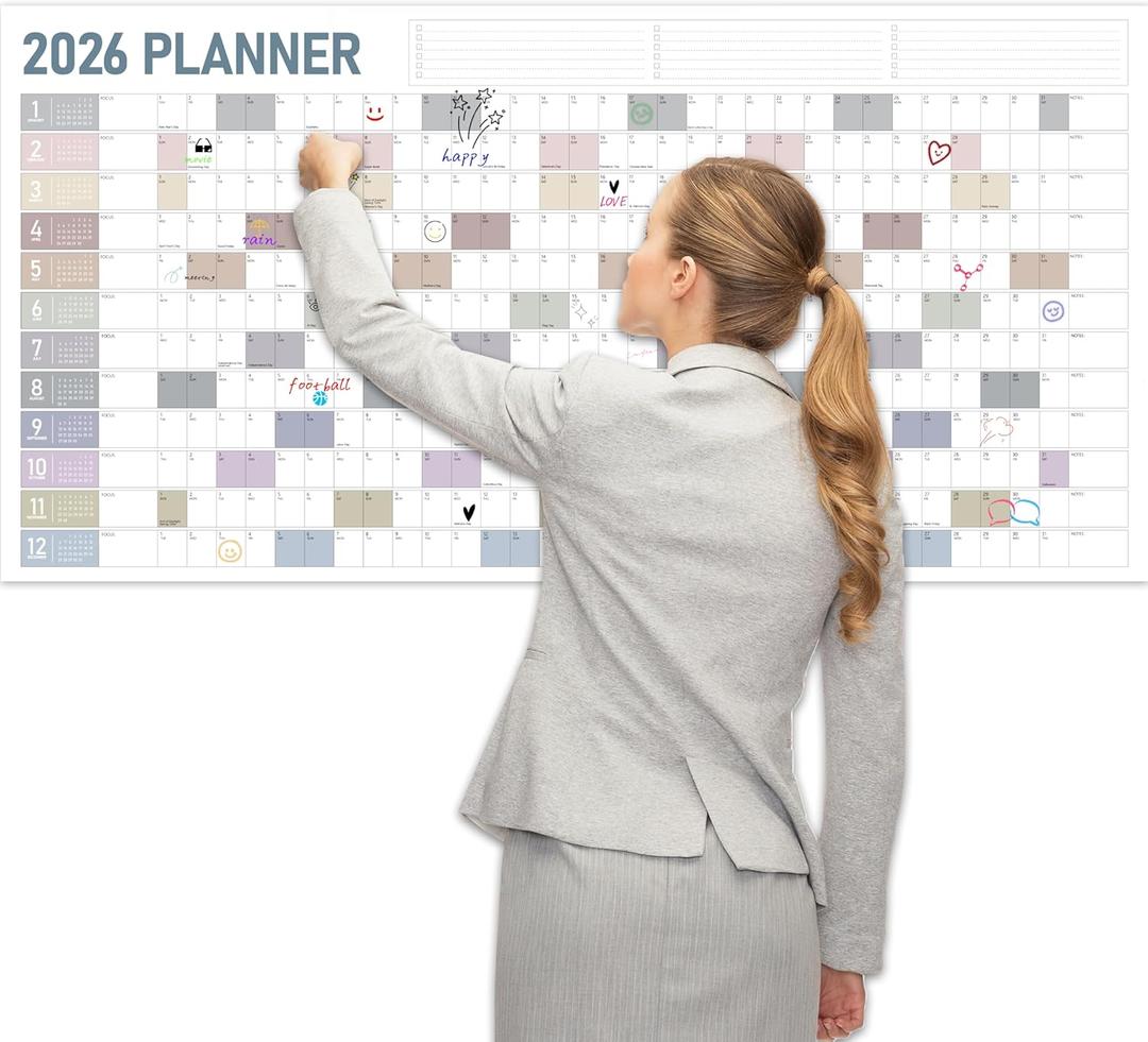 GuassLee Large Yearly Wall Calendar 2026, Full Year Calendar One Page, Jan 2026 - Dec 2026, Annual Planner 2026, 24"X 48" Wall Planner 2026 Large with Foam Stickers (White)